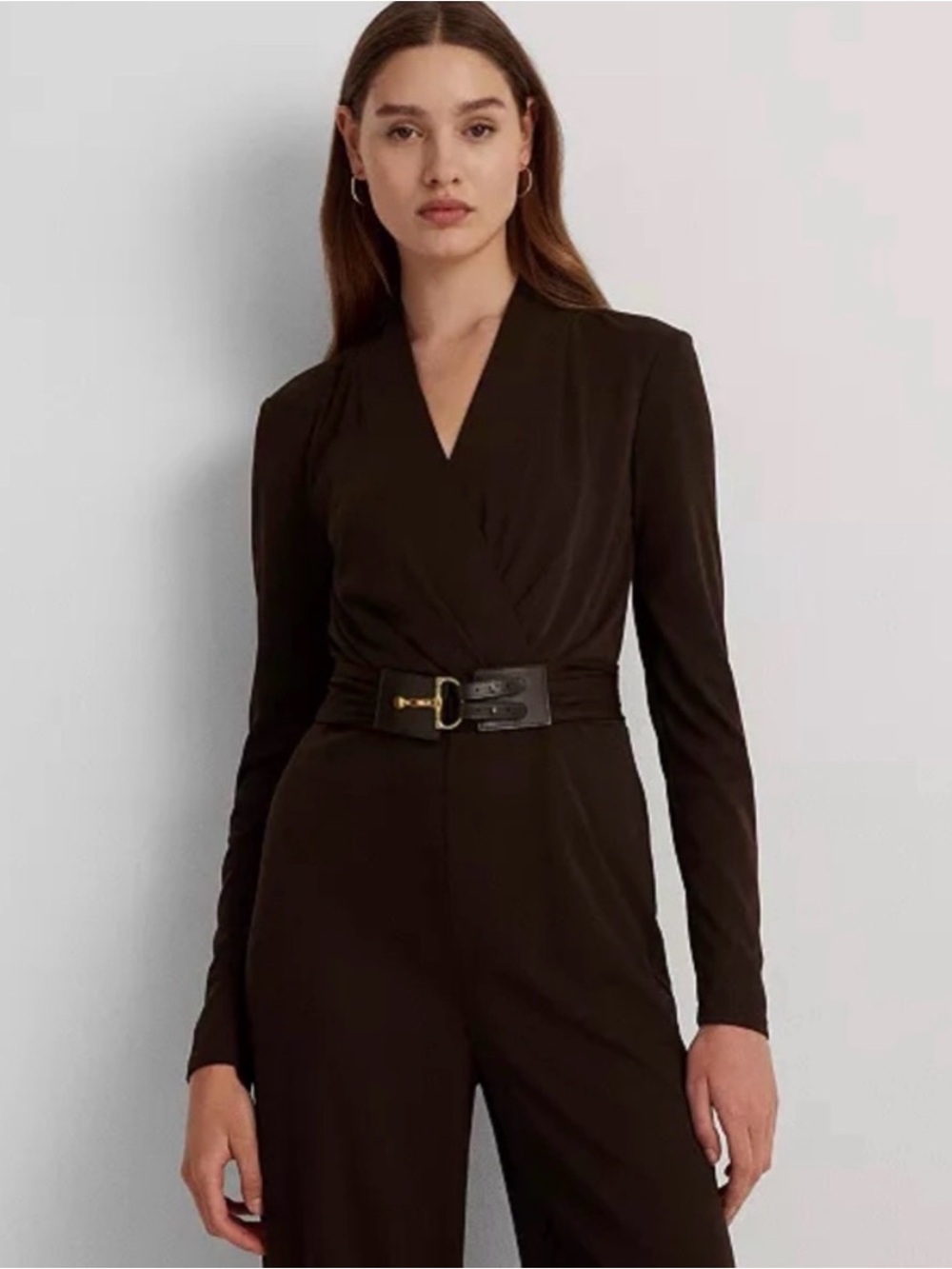Ralph Lauren Horsebit Belted Surplice Jersey Jumpsuit Chocolate Brown Sz 10 - Picture 5 of 12